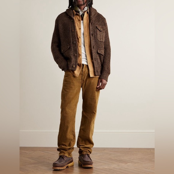 NWT Men’s Double RL - Suede Trim Marled Shawl Cardigan in Brown Tan Mark, Size M - Picture 4 of 12